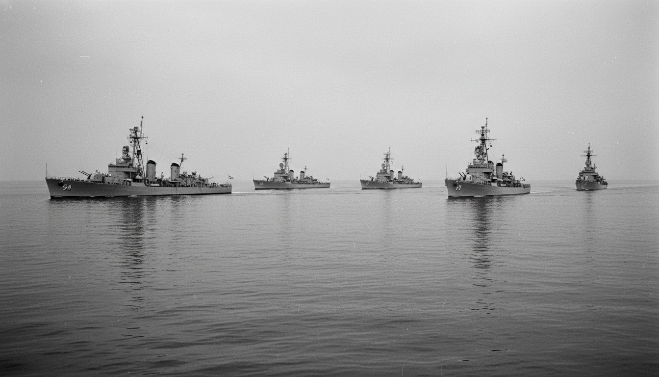 Navios da Marinha dos Estados Unidos em formação no mar do Caribe em 1962, foto preto e branco