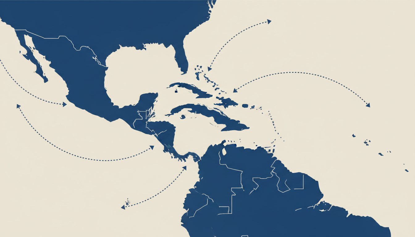Mapa estilizado da região do Caribe com rotas pontilhadas de fornecimento de petróleo a Cuba