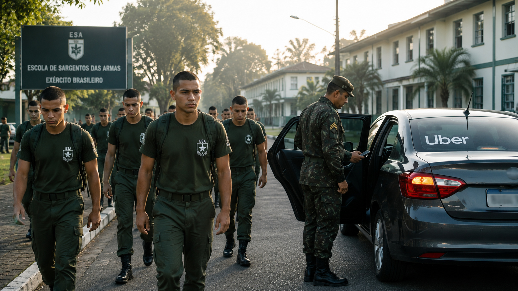 Alunos da ESA durante formação militar enquanto debate sobre sargentos fazendo Uber repercute nas redes sociais.