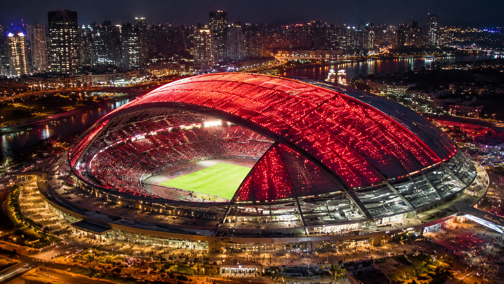 em Singapura um estádio de 55 mil pessoas combina cúpula gigantesca, teto retrátil que vira tela e sistema de resfriamento sofisticado