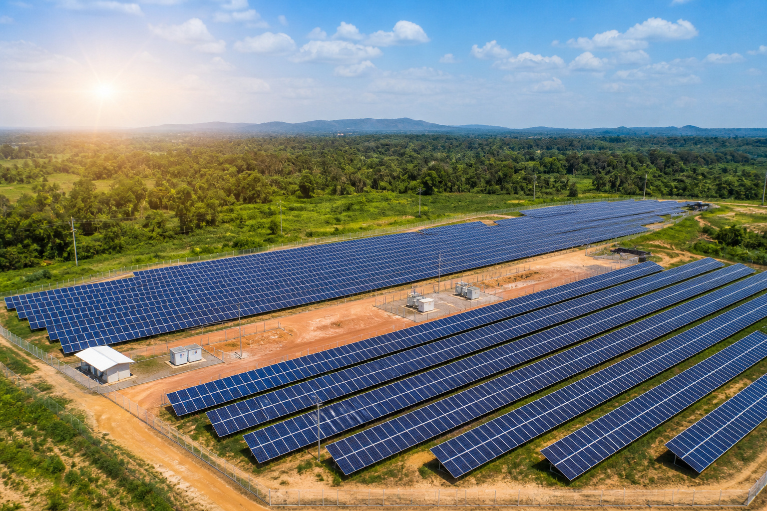 Usina de energia solar em área aberta na Amazônia com painéis fotovoltaicos e vegetação ao redor
