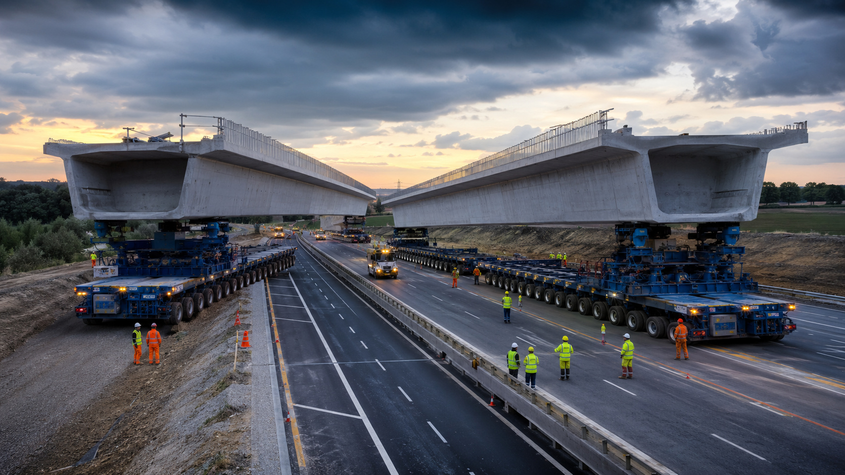 engenheiros no Reino Unido fizeram duas pontes de 1.000 toneladas andarem sobre plataformas móveis e cruzarem a A14 em poucos dias