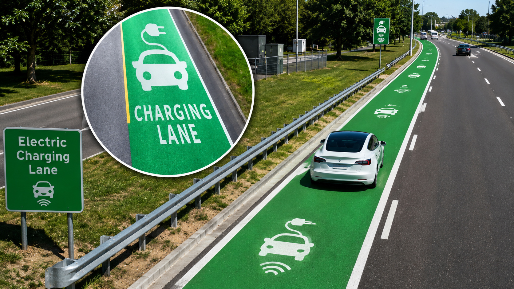 Faixa de rodovia elétrica destacada em verde com símbolos de carro elétrico e carregamento sem fio, representando tecnologia de recarga por indução magnética em estrada nos Estados Unidos.