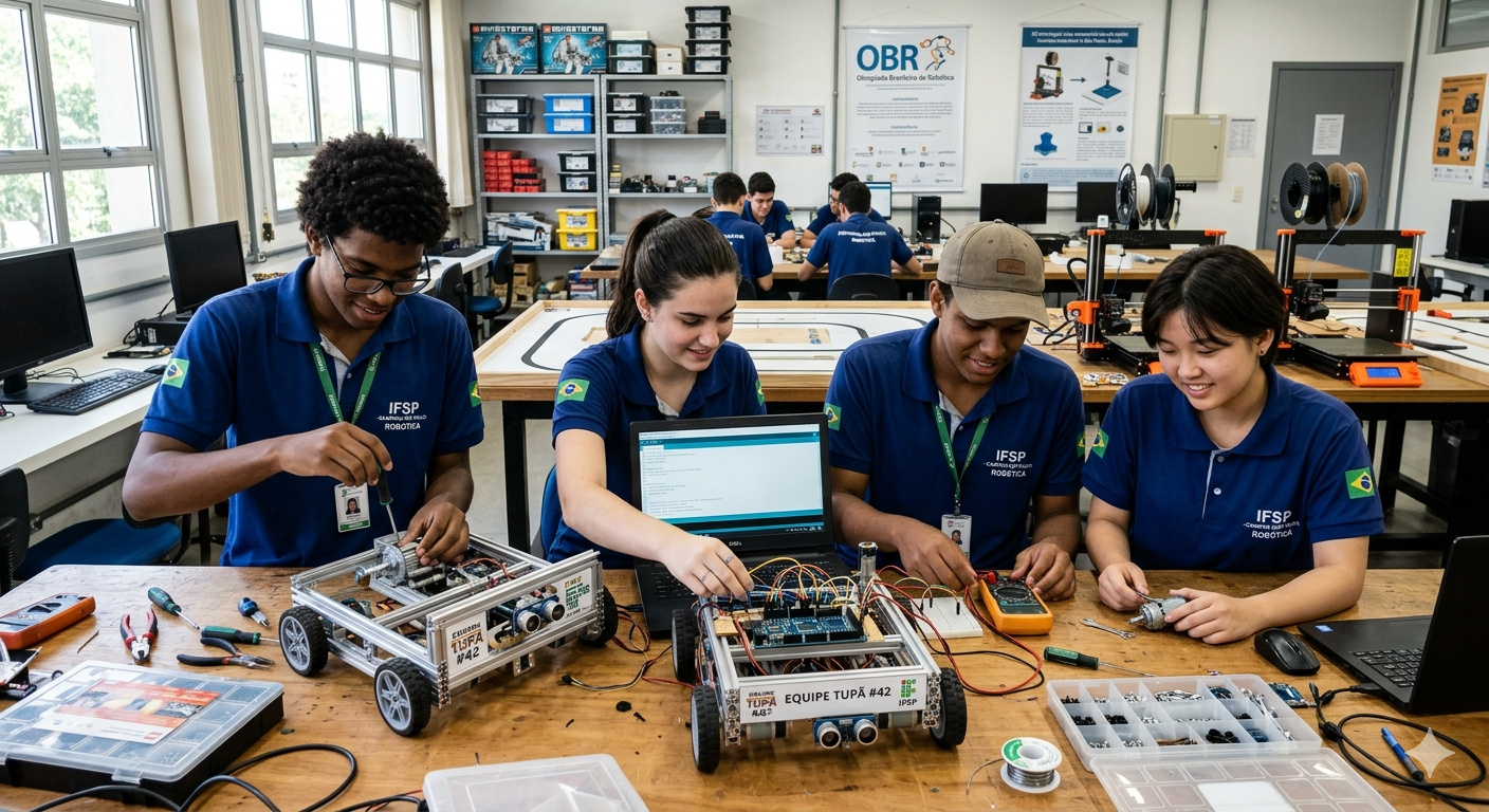 estudantes de São Gonçalo desenvolvendo robô em laboratório escolar