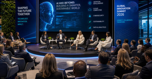 Conferência de tecnologia com líderes empresariais e inovação