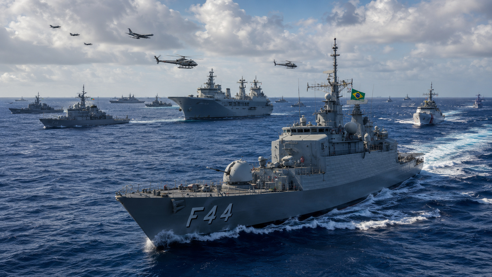 Navio de guerra brasileiro cruza o Atlântico Norte em missão histórica de 85 dias, navega ao lado de mais de 60 navios de guerra, aeronaves e tropas anfíbias, segue para a maior revista naval da história dos Estados Unidos