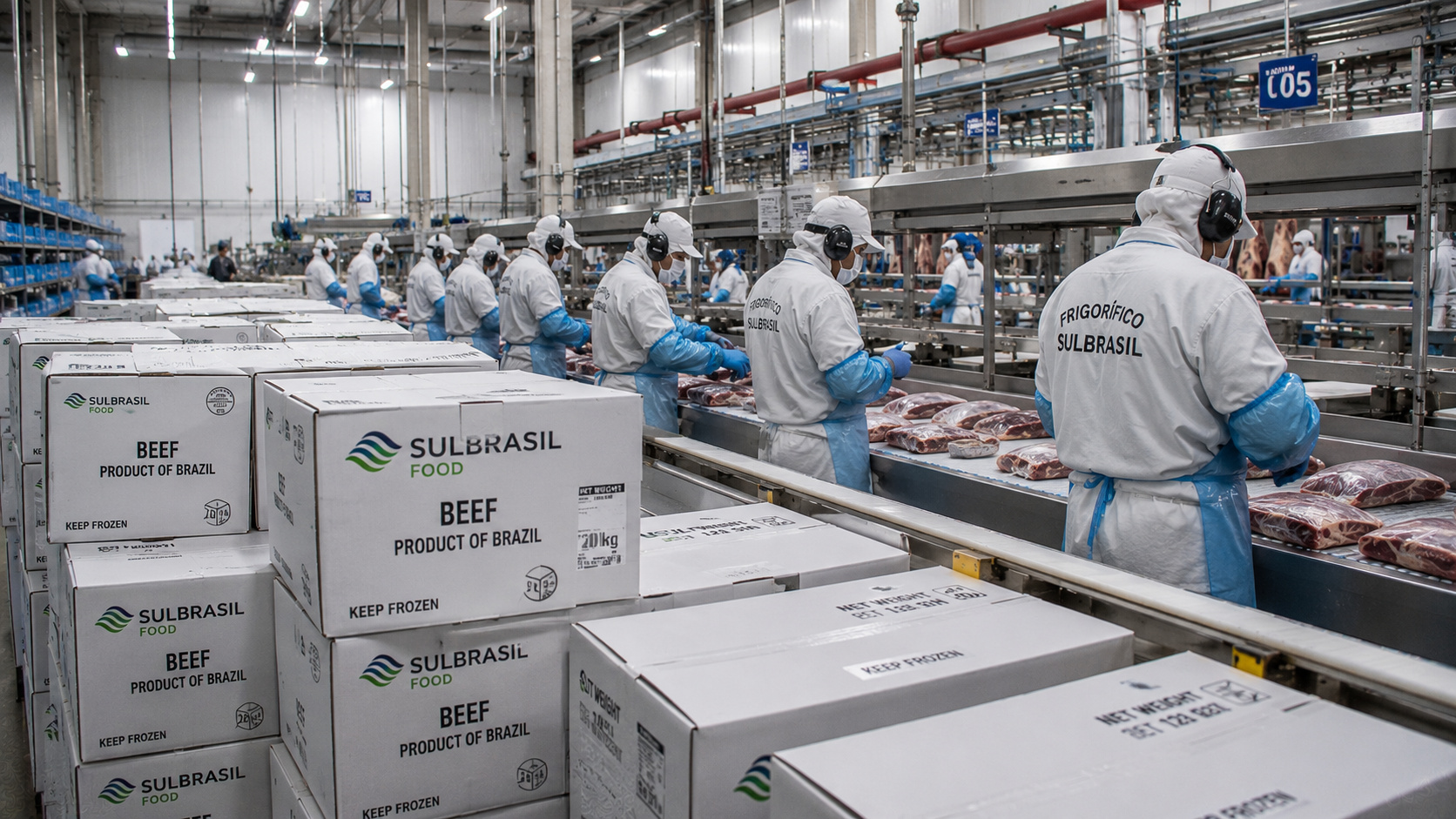 linha de produção de carne brasileira destinada à exportação internacional