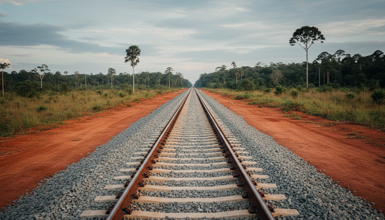 Trilhos de ferrovia de carga novos sobre dormentes de concreto e brita cinza atravessando paisagem amazônica de transição entre cerrado e floresta no Mato Grosso e Pará, com terra vermelha característica do bioma