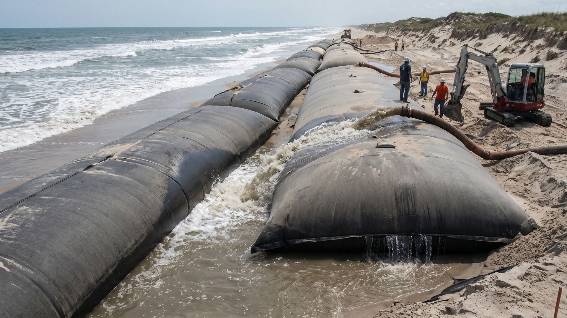 Sacos gigantes de geotêxtil cheios de areia viraram muralhas flexíveis contra erosão na América, Europa, Ásia e Oceania; tecnologia troca toneladas de concreto e rocha por tubos permeáveis que dissipam ondas e protegem praias, dunas e margens de rios