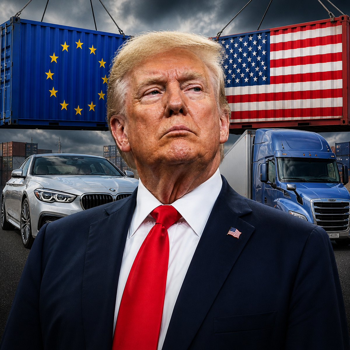 Donald Trump em destaque com bandeiras dos Estados Unidos e União Europeia ao fundo, além de carro e caminhão, simbolizando disputa comercial e tarifas no setor automotivo
