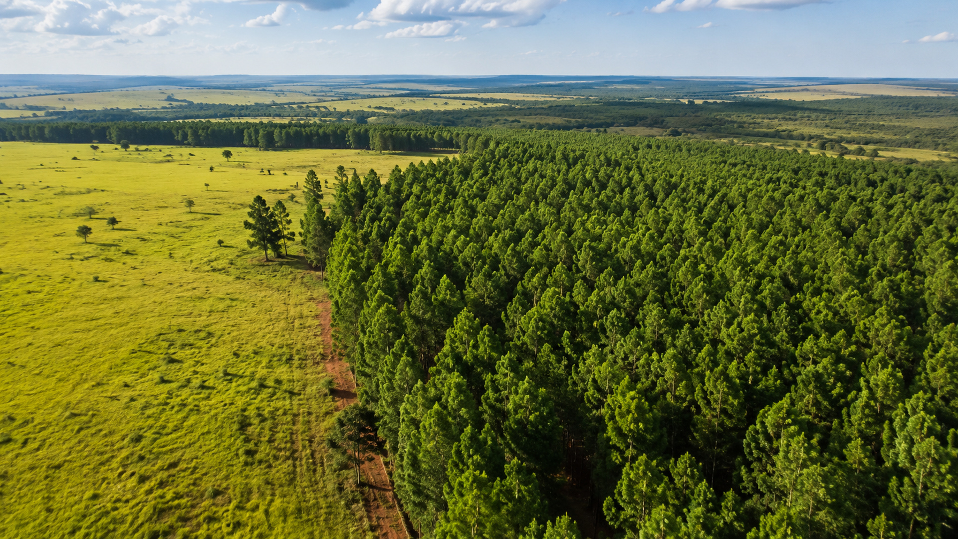 Vista aérea de área florestal ao lado de pastagem no Cerrado, representando recuperação ambiental e agronegócio sustentável no Mato Grosso do Sul.