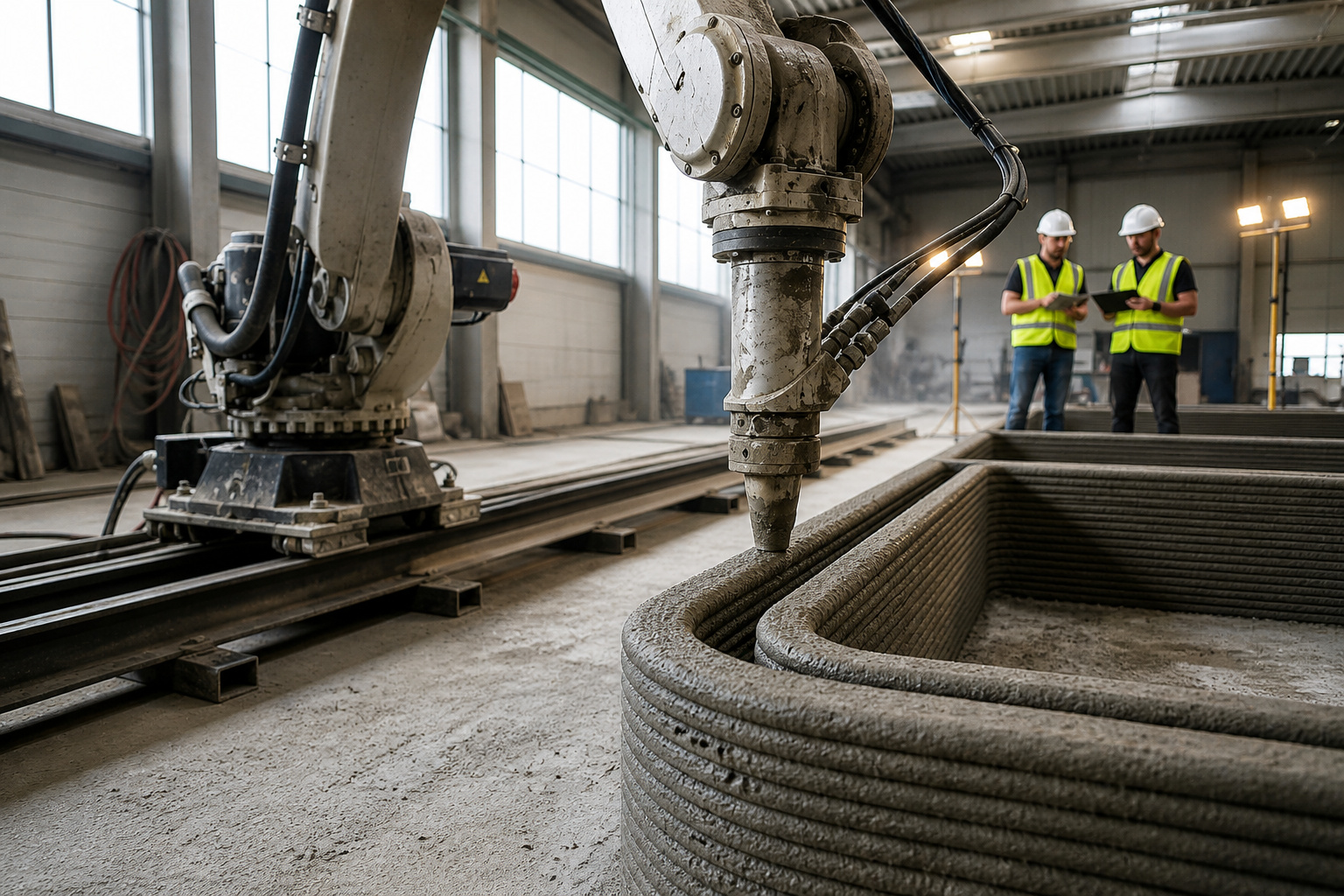 Impressora 3d gigante construindo paredes de concreto em camadas com braço robótico em ambiente industrial enquanto técnicos acompanham o processo