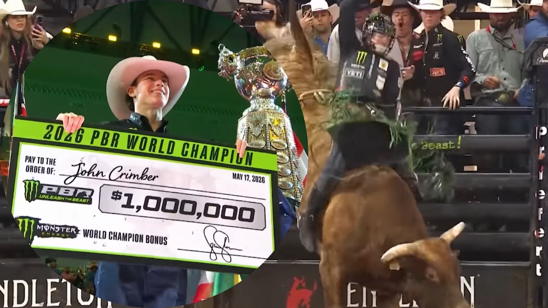 John Crimber comemorando título mundial da PBR 2026 durante final de rodeio nos Estados Unidos.