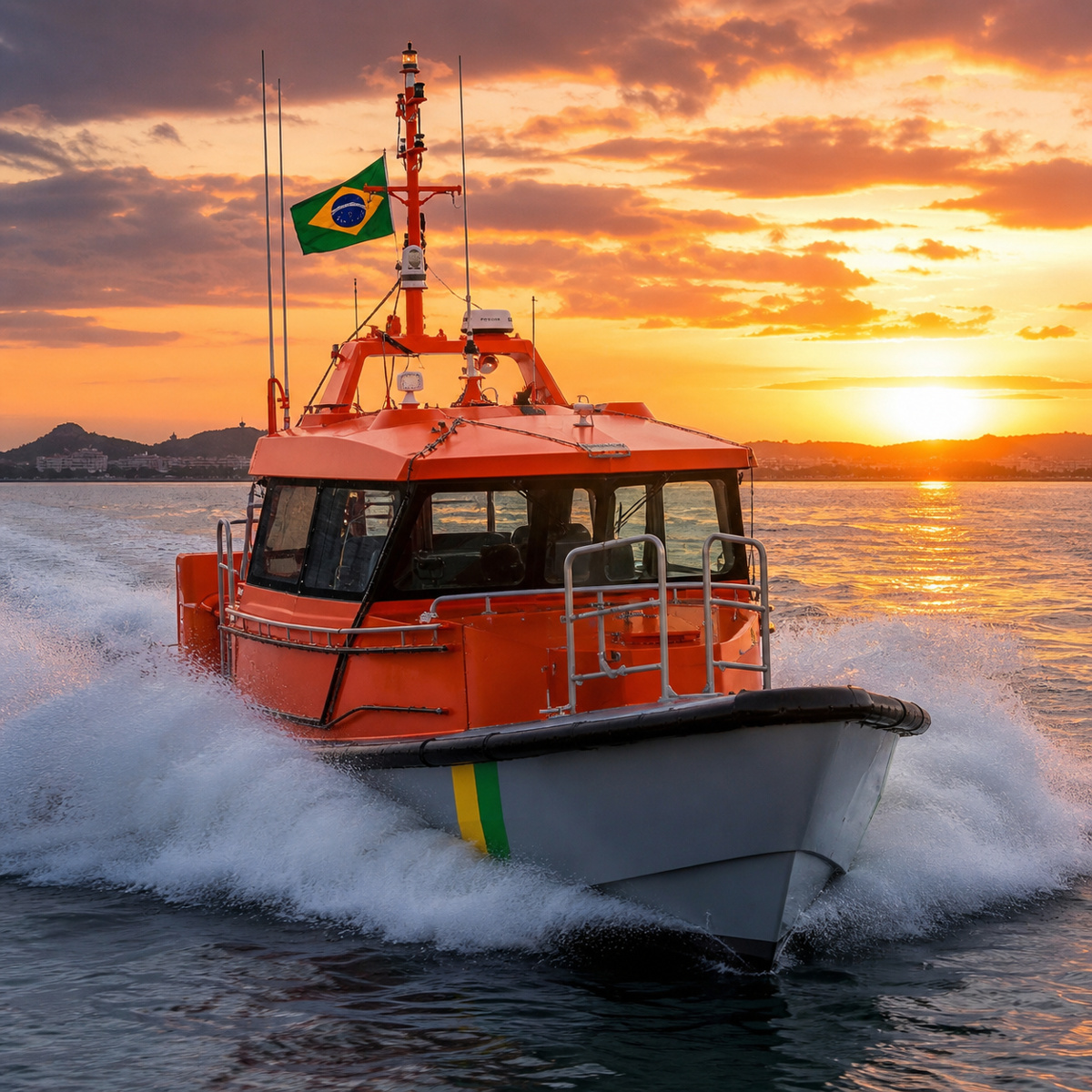 Lancha de Busca e Salvamento da Marinha do Brasil em alta velocidade no mar durante o pôr do sol, destacando tecnologia e resposta rápida em operações no Sudeste