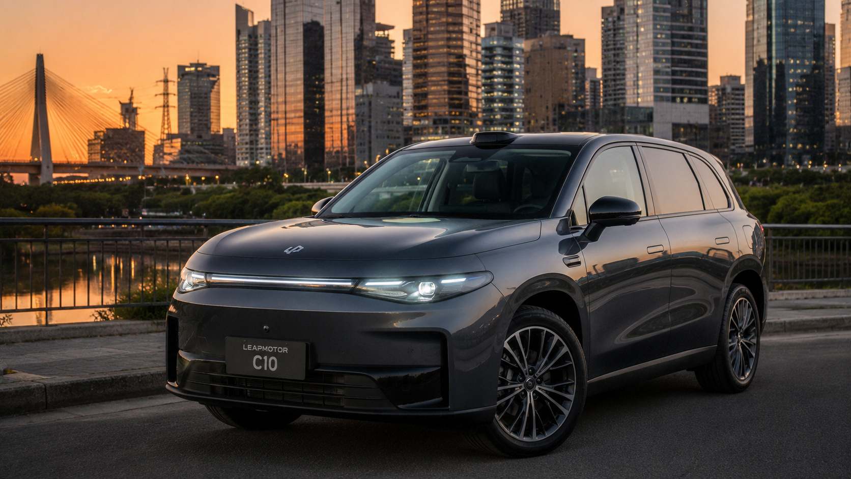 SUV Leapmotor C10 estacionado em avenida moderna brasileira durante o pôr do sol