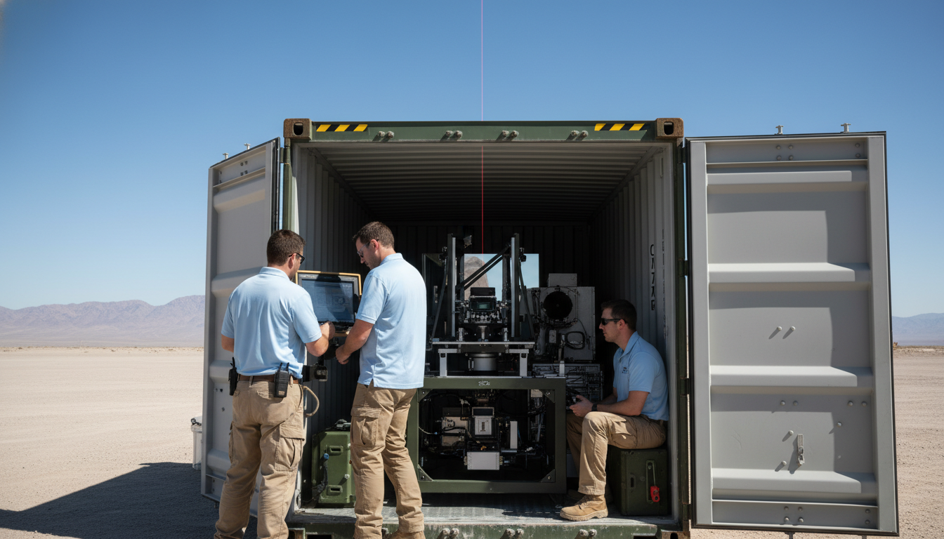 Operadores AeroVironment ajustando o LOCUST Laser Weapon System em testes