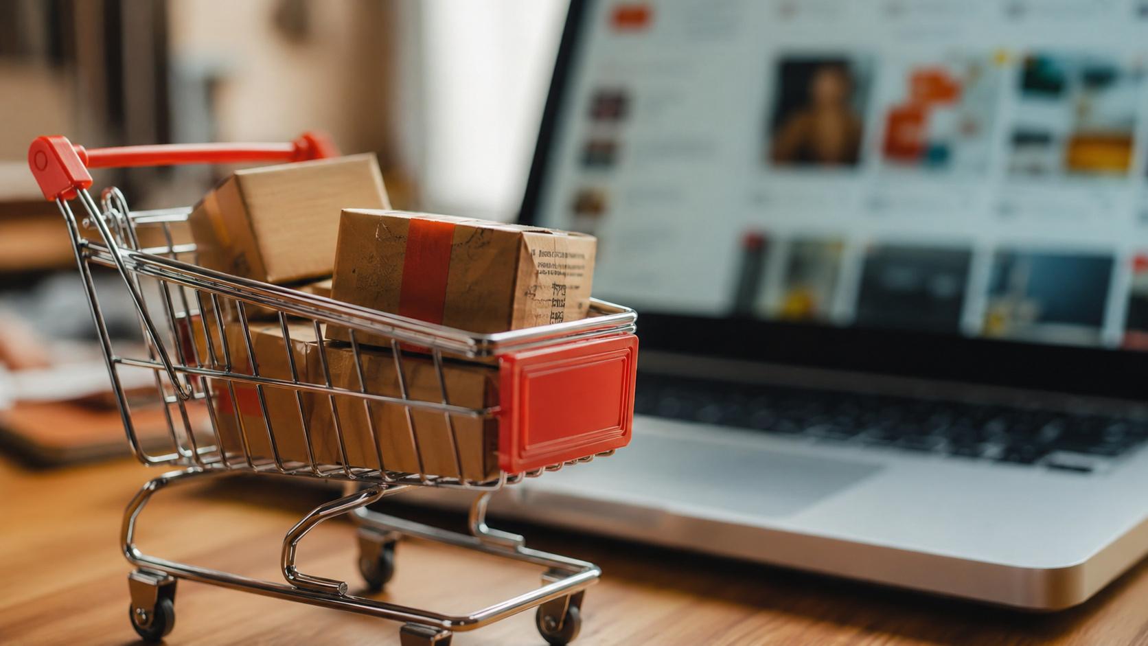 Carrinho de compras com pequenas encomendas sobre a mesa, ao lado de um notebook com loja online desfocada ao fundo, representando compras internacionais e e-commerce.