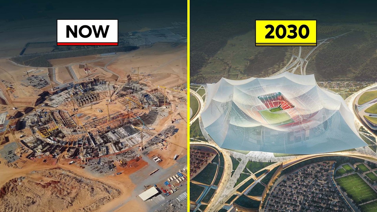 Marrocos prepara estádio de 115 mil lugares para a Copa de 2030 com cobertura inspirada em tendas gigantes, estrutura sobre área de 100 hectares e ambição de construir a maior arena de futebol do planeta