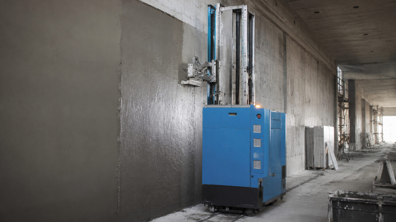 Robô de reboco da Weibuild aplica, nivela e finaliza em uma única passagem, atinge até 708 m² por dia e acelera a automação da construção civil.