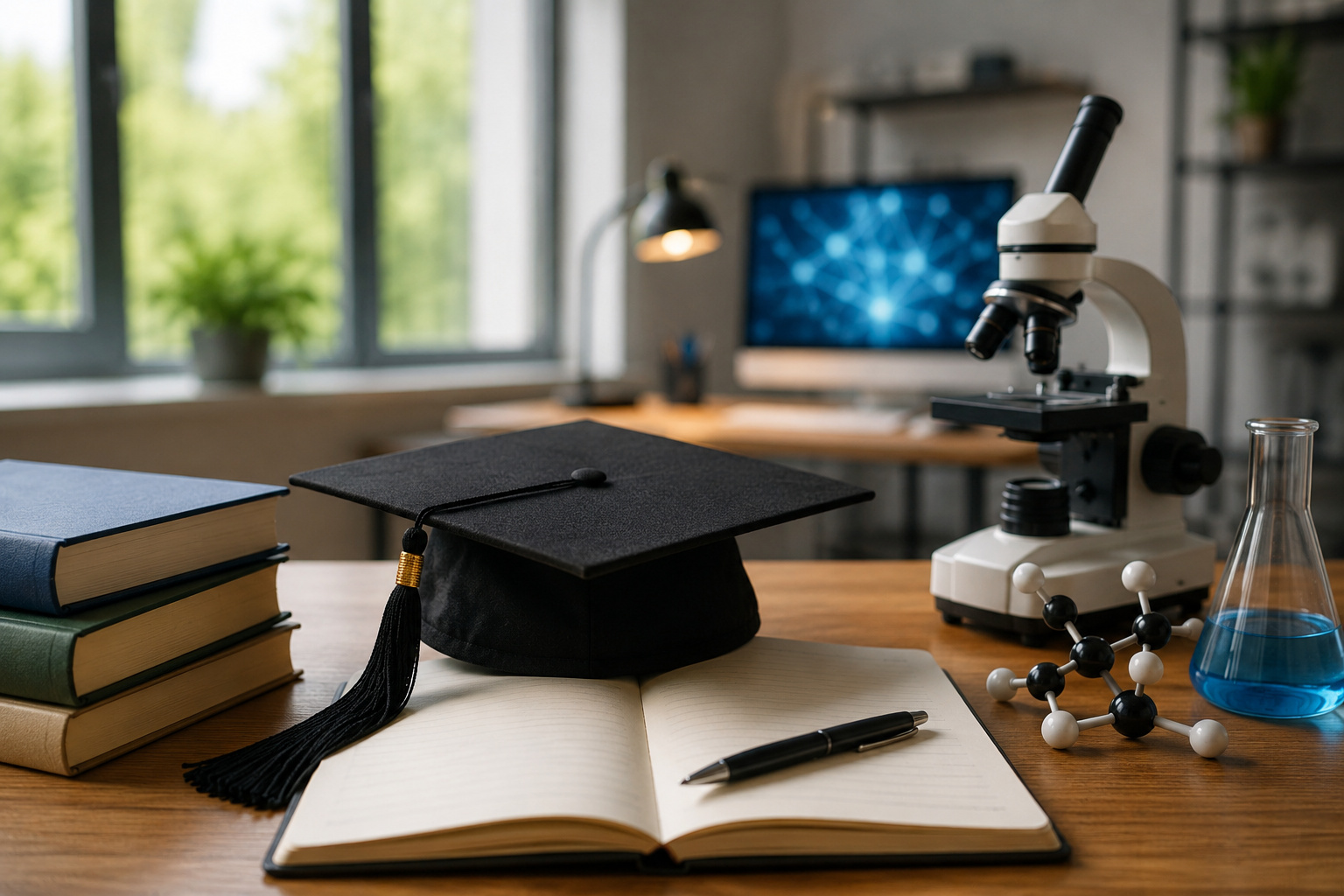 Mesa de estudos com livros, microscópio e materiais acadêmicos representando mestrado em ciência, tecnologia e inovação
