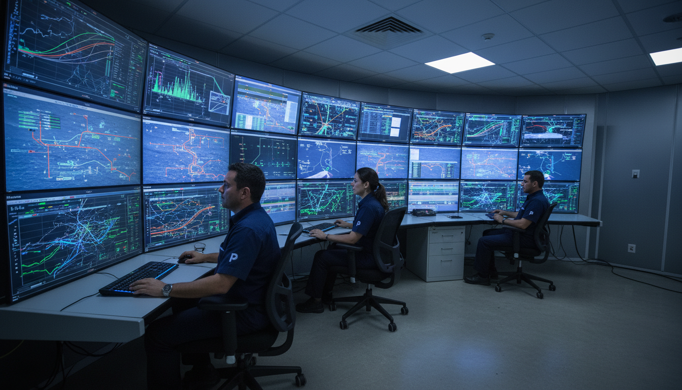 Sala de controle de operações offshore da Petrobras monitorando produção do MO26 FPSO no campo de Mero
