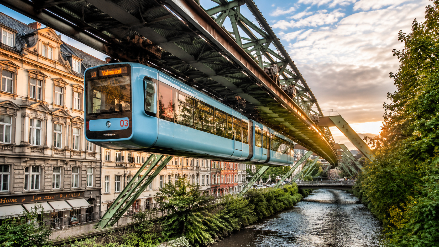 na Alemanha um trem percorre 13 km pendurado sobre rio e ruas há 125 anos, transportando mais de 80 mil passageiros por dia e atraindo turistas do mundo inteiro