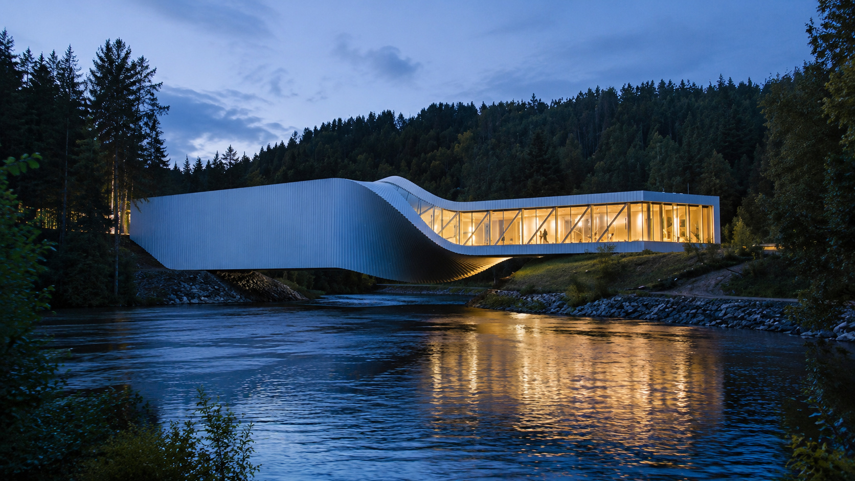 na Noruega uma galeria de arte de 1.000 m² atravessa o rio Randselva, gira 90 graus no próprio corpo e transforma a travessia em uma escultura habitável