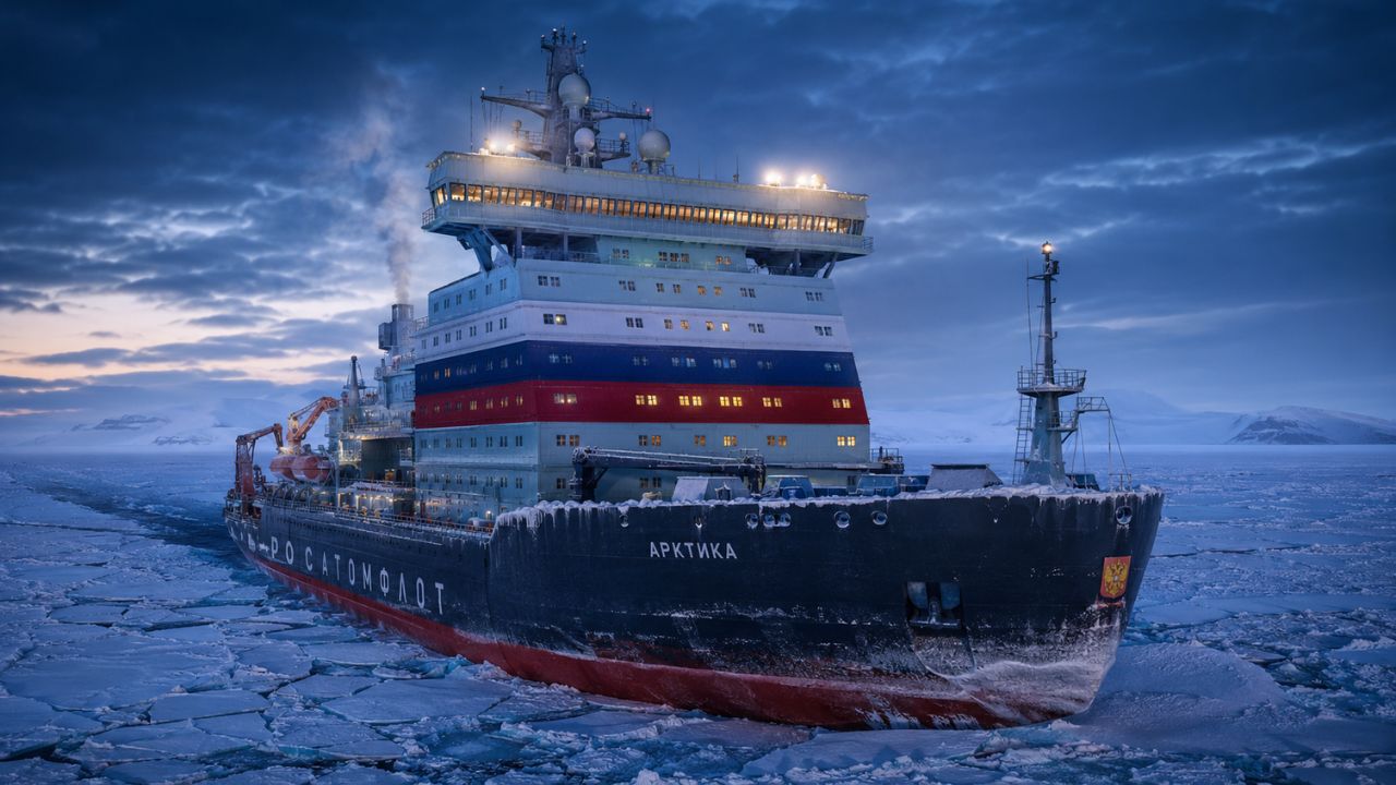 O navio quebra-gelo Arktika opera no Ártico russo com dois reatores nucleares e 80.000 HP. Veja como ele mantém a Rota do Mar do Norte navegável.