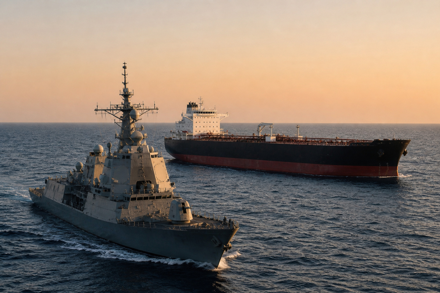 Navio de guerra e petroleiro no mar representando tensão geopolítica no Estreito de Ormuz e impacto no petróleo