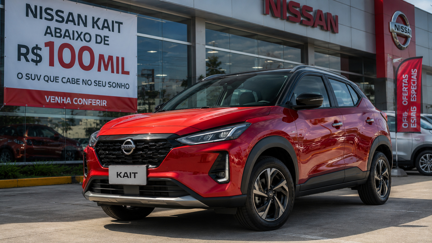 Nissan Kait 2026 em concessionária brasileira durante campanha promocional.