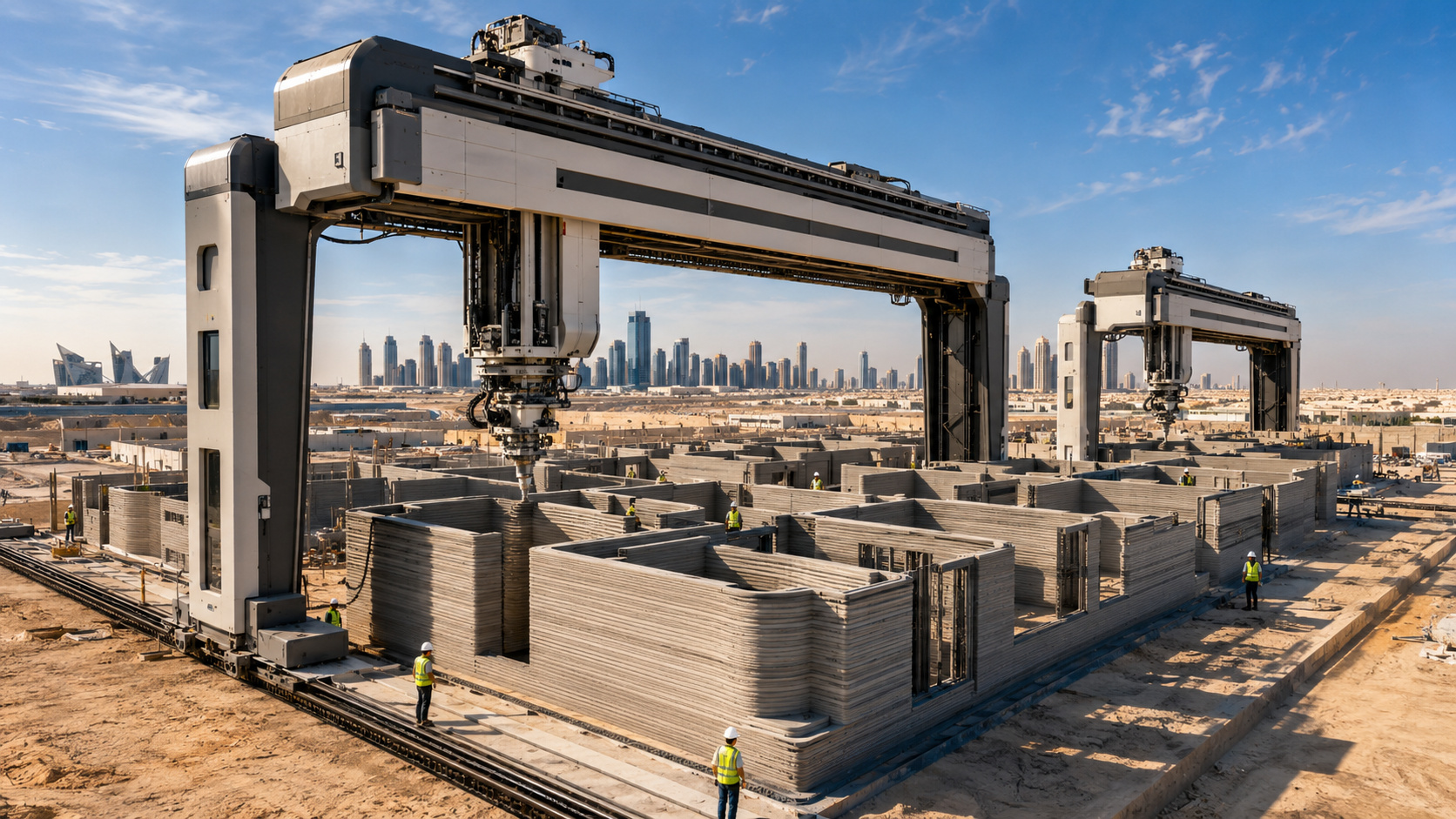no Catar duas impressoras 3D de 50 metros vão erguer escolas inteiras em concreto com máquinas do tamanho de um canteiro