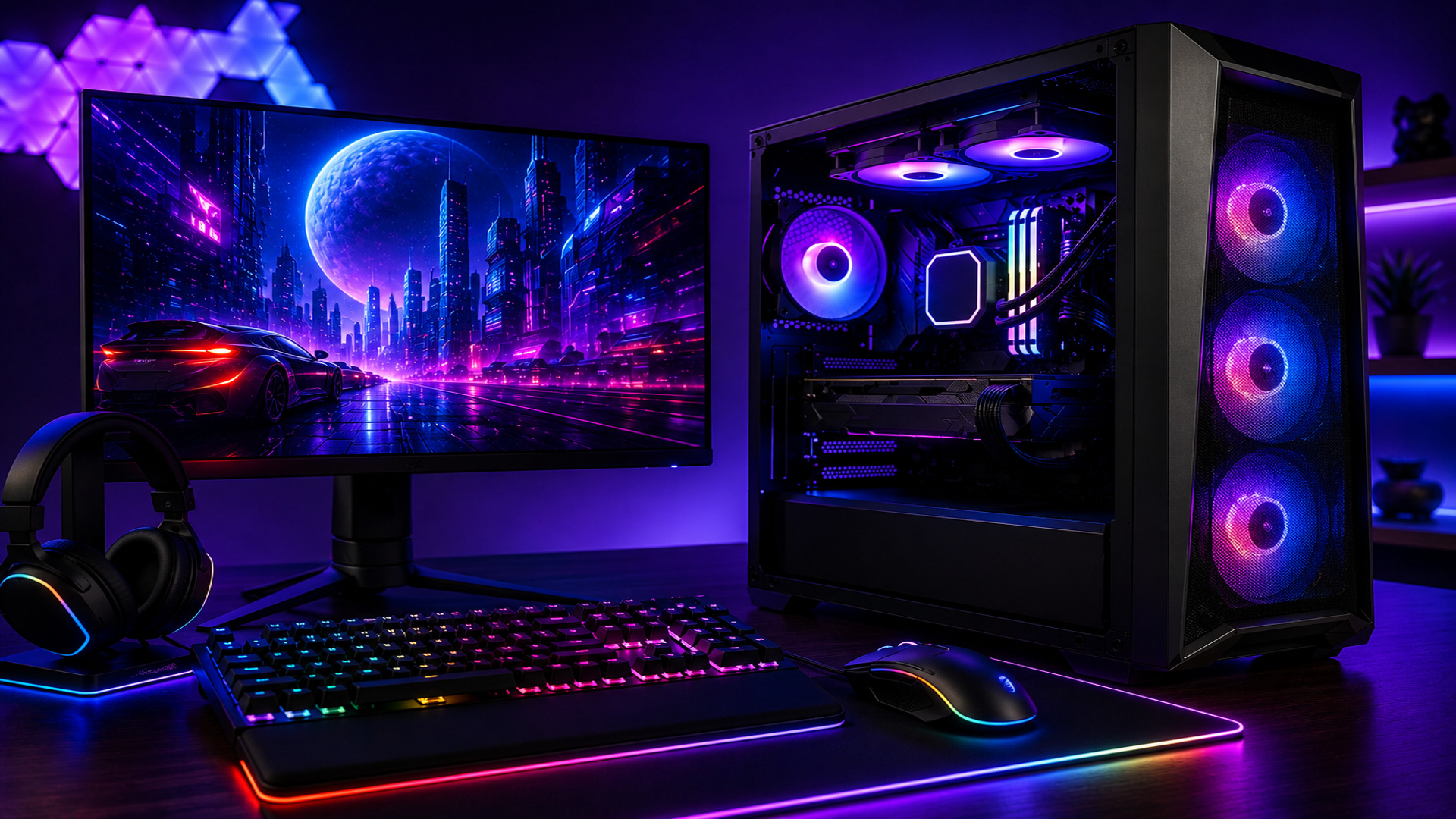 Setup de PC gamer com gabinete RGB, monitor ultrawide, teclado mecânico iluminado e mouse gamer sobre mesa em ambiente neon futurista.
