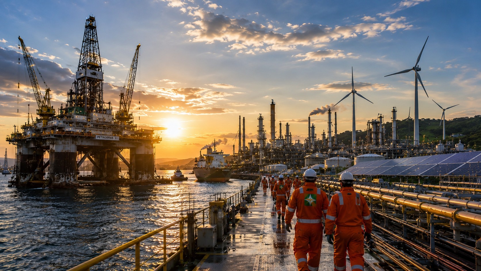plataforma , refinaria, indústria pesada, trabalhadores, porto industrial, turbinas eólicas e painéis solares ao fundo