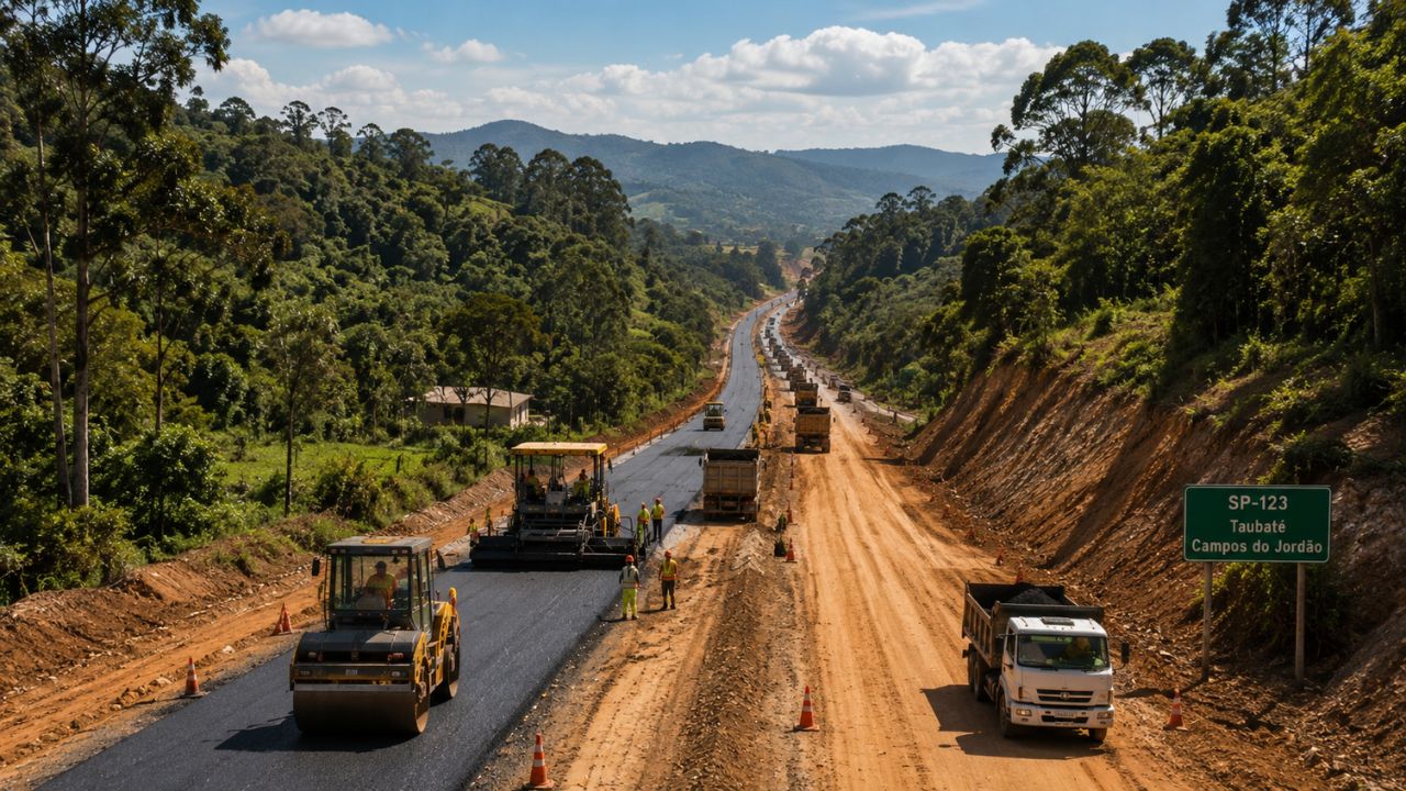 A SP-123, entre Taubaté e Campos do Jordão, será transformada em rodovia inteligente com 45 km de extensão, infraestrutura para veículos autônomos, pontos de recarga elétrica e asfalto feito de pneus reciclados.