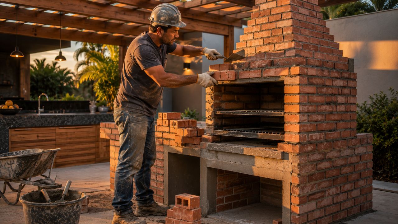 Churrasqueira de alvenaria requer cálculo térmico, boa exaustão e materiais adequados para evitar fumaça e problemas estruturais.
