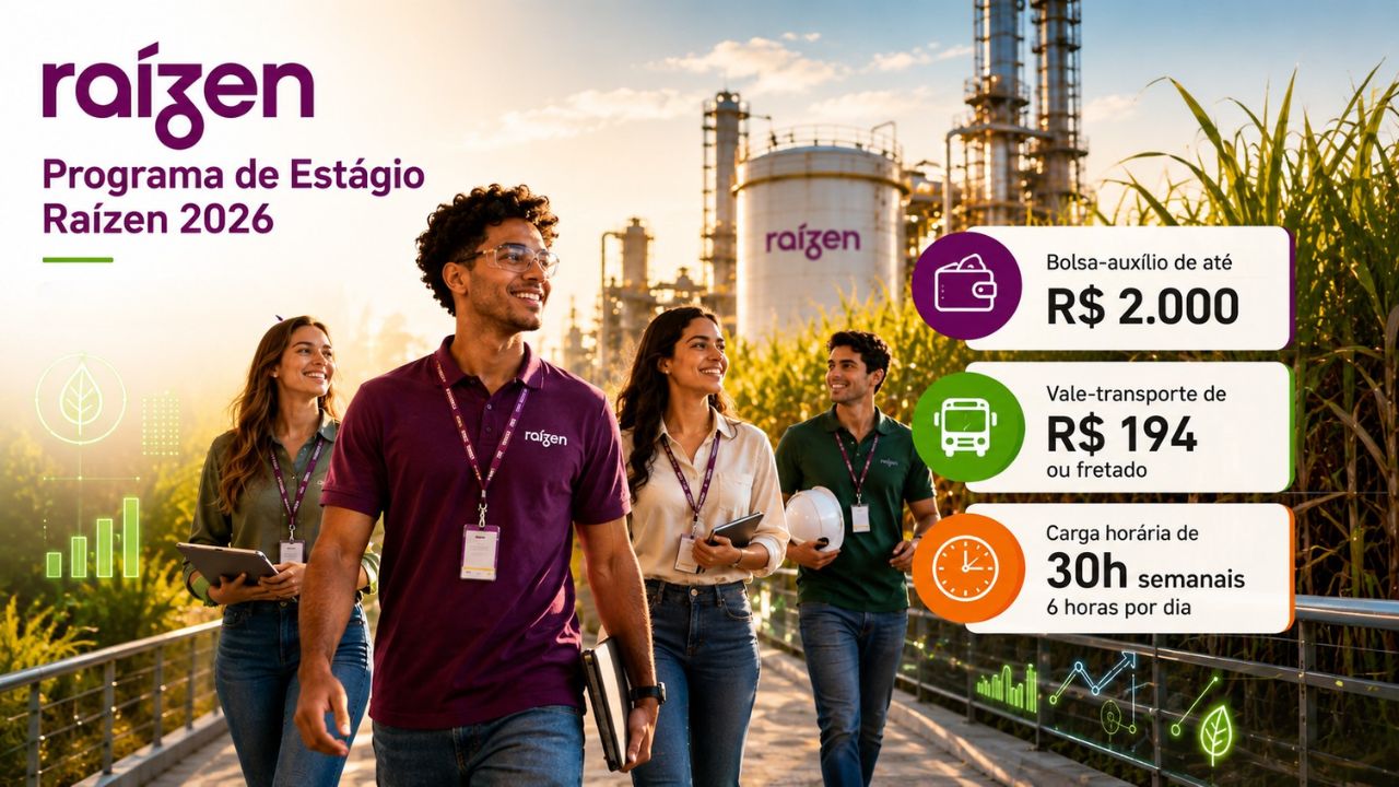 A Raízen está com inscrições abertas para o programa de estágio 2026 em 11 estados brasileiros, com bolsa de R$ 2 mil, benefícios e oportunidades em diversas áreas.