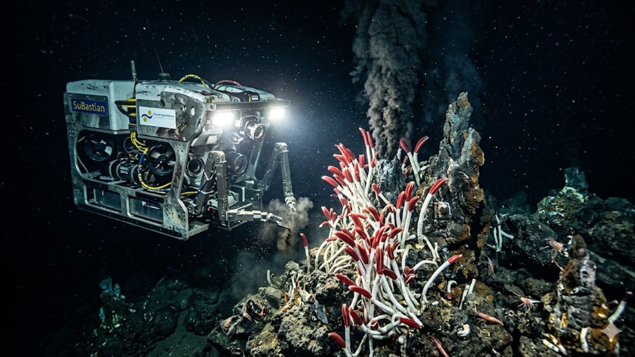 O robô SuBastian descobriu um ecossistema vivo oculto sob a crosta oceânica a 2.500 m de profundidade, desafiando décadas de conhecimento científico sobre a vida marinha.