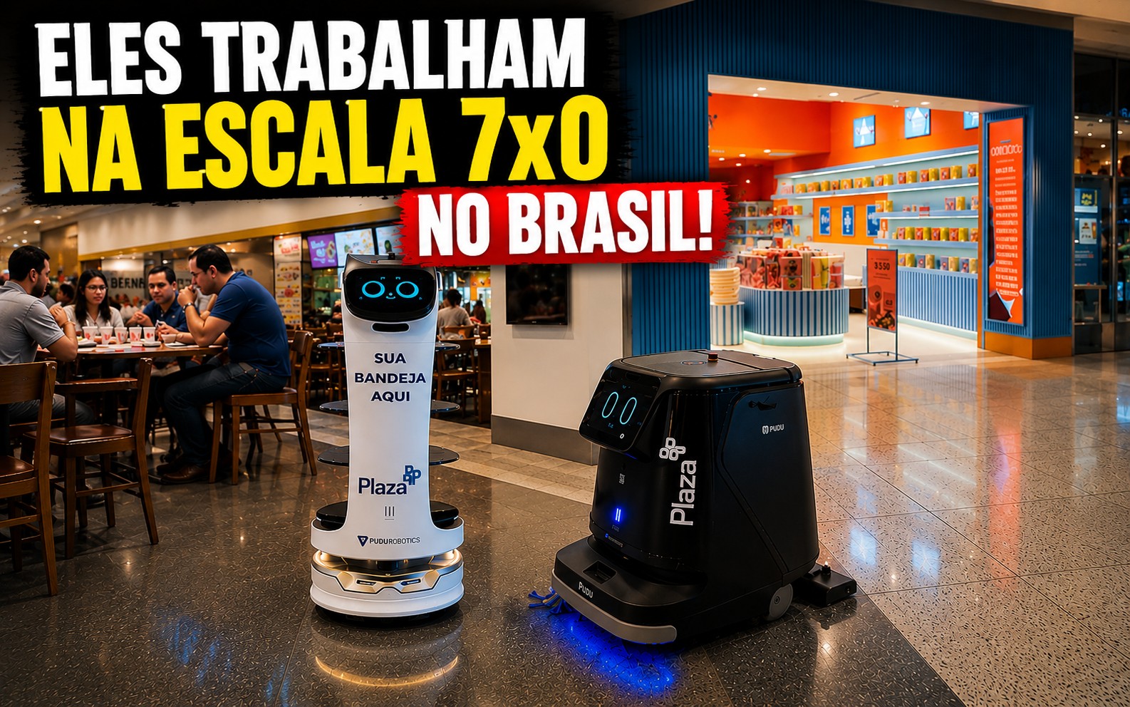 Robôs autônomos realizando limpeza e recolhimento de bandejas em shopping de Niterói durante debate sobre fim da escala 6x1, automação e futuro dos empregos no Brasil.