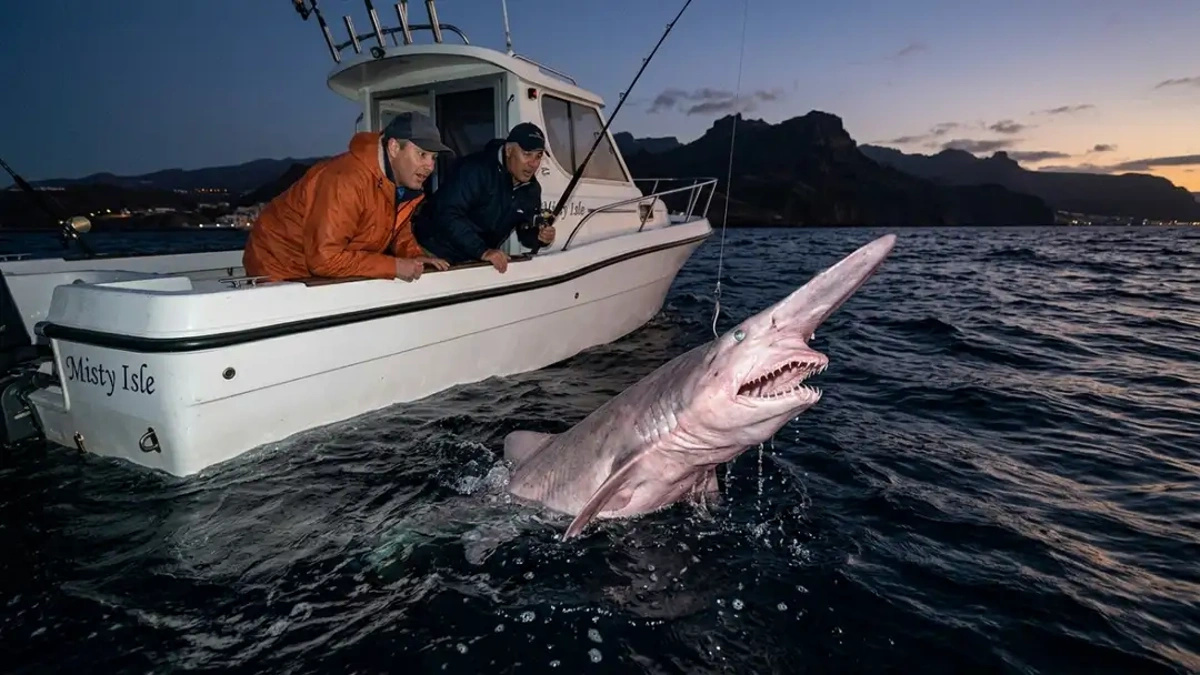 Tubarão-duende raro emerge ao lado de embarcação de pesca recreativa durante registro feito nas águas profundas de Gran Canária ao entardecer.