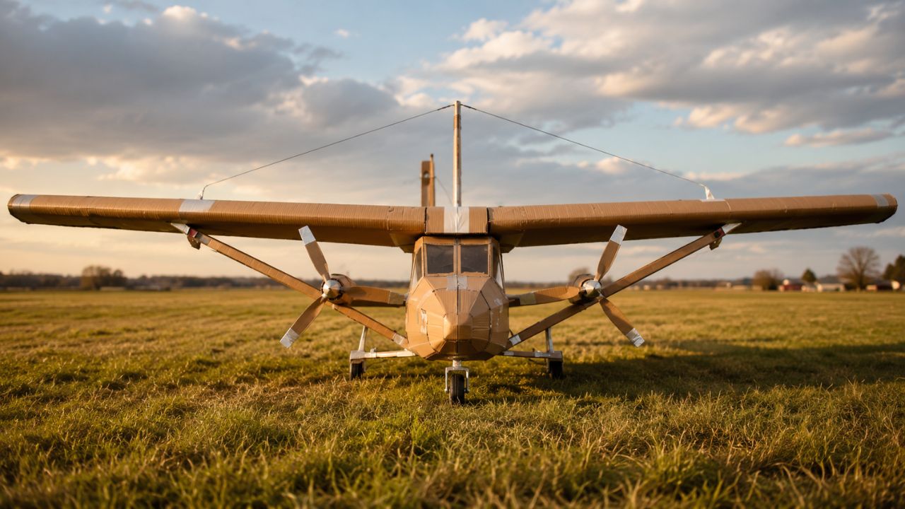 Um homem construiu um avião de papelão artesanal e filmou o teste em campo aberto em 2024. O vídeo viralizou no YouTube com milhares de visualizações.
