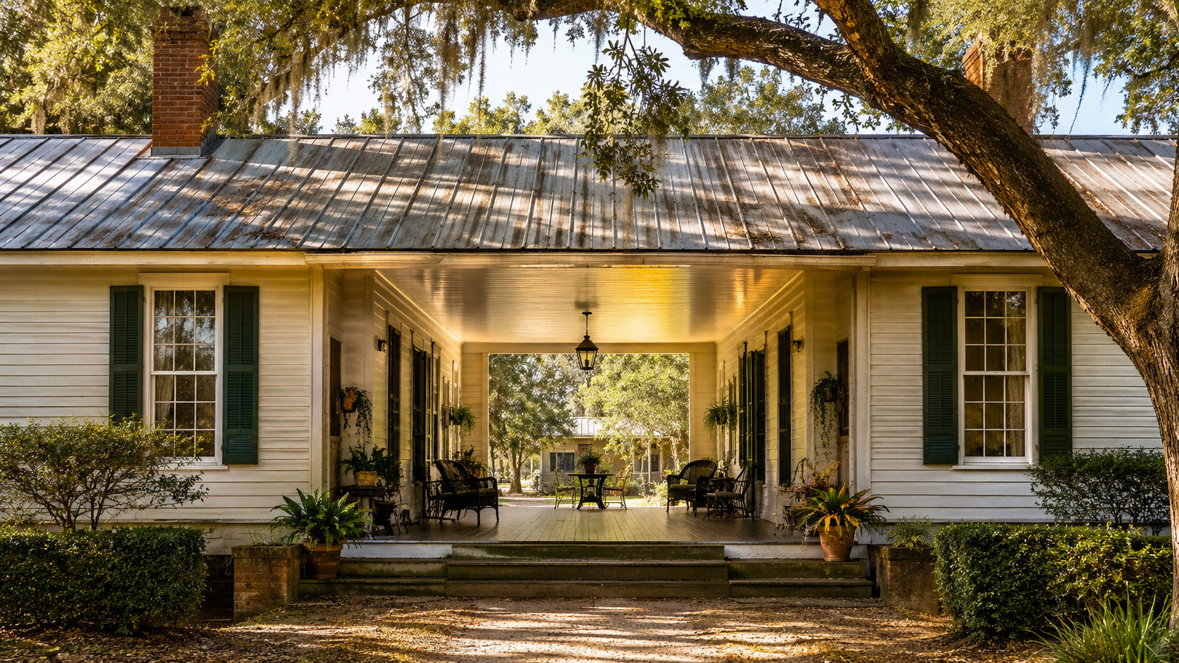 uma arquitetura antiga do sul dos Estados Unidos partia a casa ao meio para o vento passar