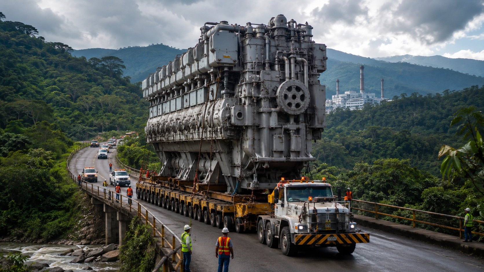 uma operação na Colômbia levou onze motores de 287 toneladas por uma rota inesperada para abastecer uma usina de 200 MW
