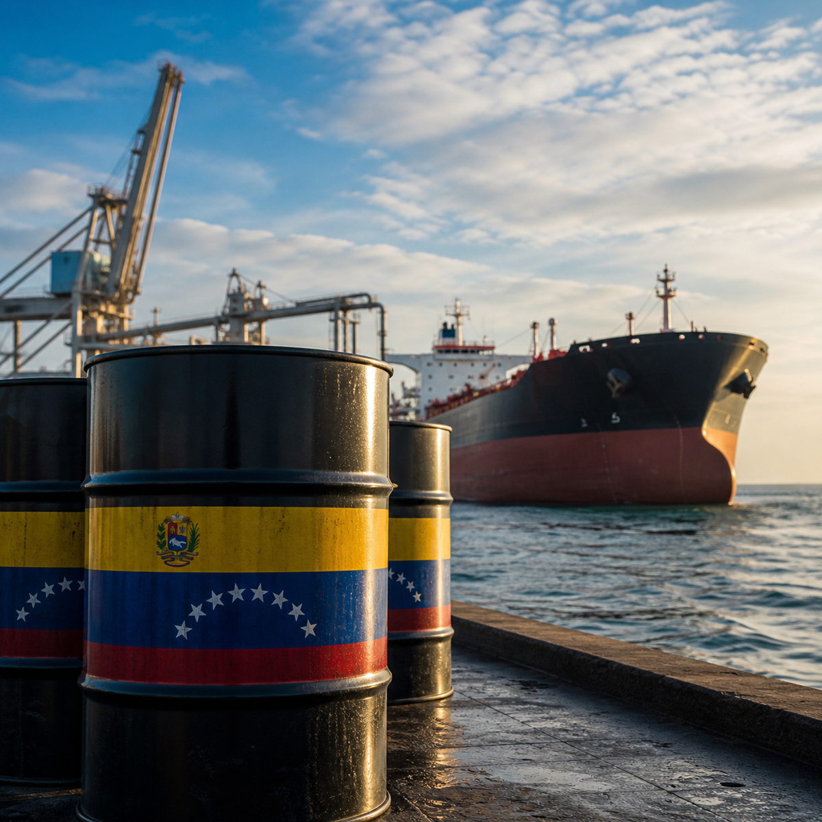 Navio petroleiro ao fundo com barris de petróleo com bandeira da Venezuela em primeiro plano, representando o aumento das exportações de petróleo do país
