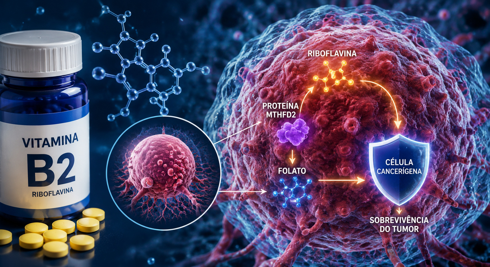 Estudo publicado na Nature Cell Biology mostra como a vitamina B2 ajuda células cancerígenas a escapar da ferroptose e aponta a roseoflavina como alvo terapêutico.
