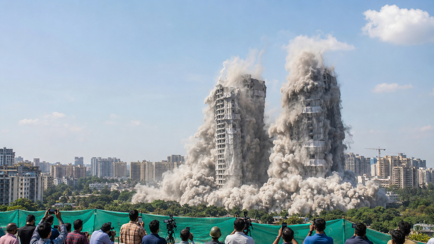 vizinhos de um condomínio na Índia enfrentaram uma gigante imobiliária e conseguiram derrubar duas torres de 100 metros diante das câmeras