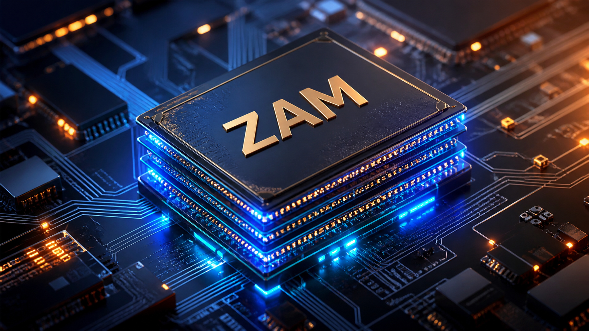 Chip de memória ZAM em destaque sobre placa eletrônica iluminada, representando tecnologia avançada de alta largura de banda para inteligência artificial