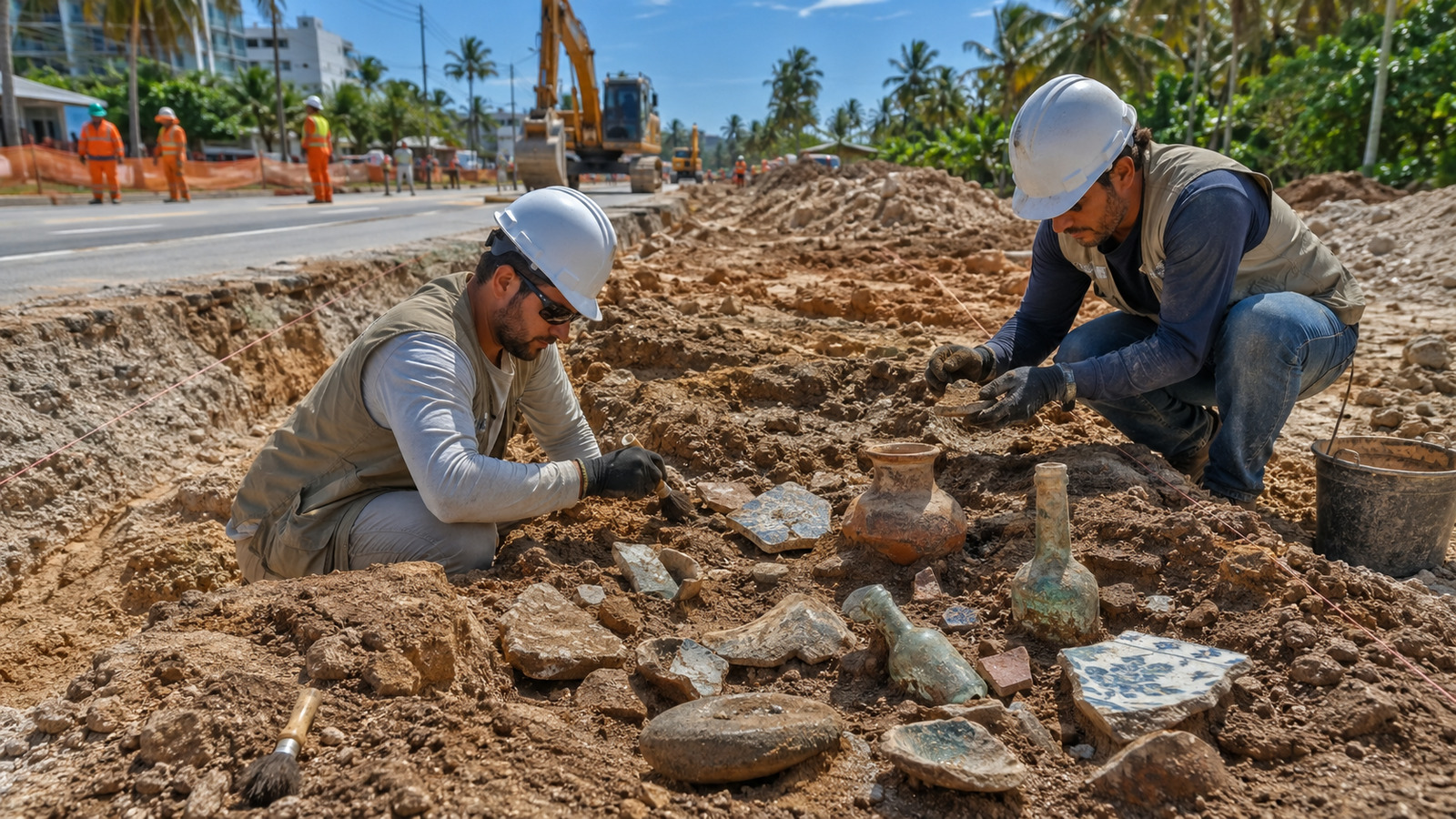 Peças arqueológicas antigas encontradas em obra no Brasil