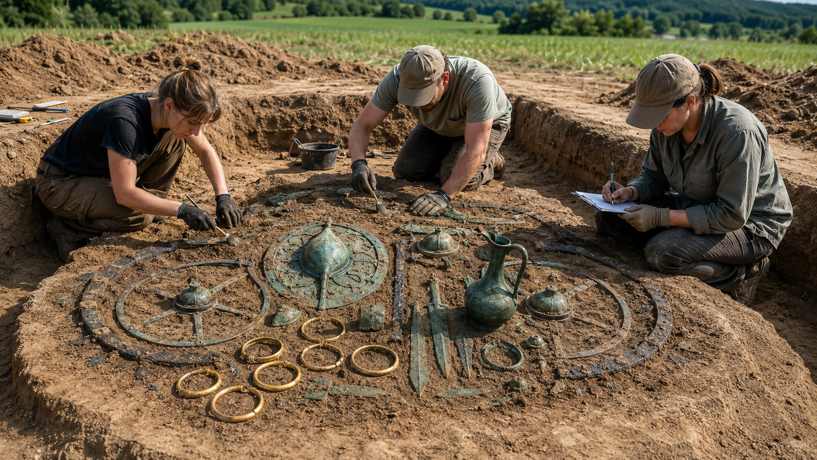 Arqueólogos encontram na Alemanha um raro túmulo celta da Idade do Ferro com joias de ouro, armas e carroça de duas rodas, revelado durante obras de um parque solar em Hessen