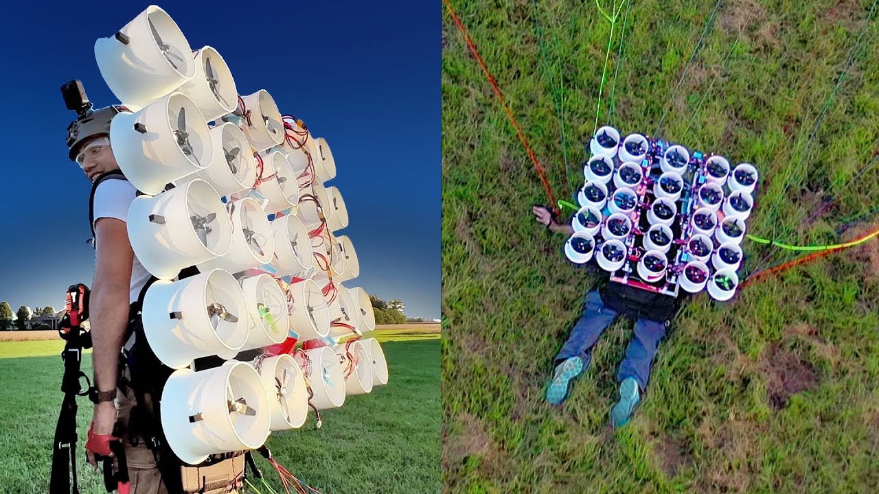 YouTuber transforma 50 motores de drones, fita adesiva e peças improvisadas em uma máquina voadora elétrica de garagem