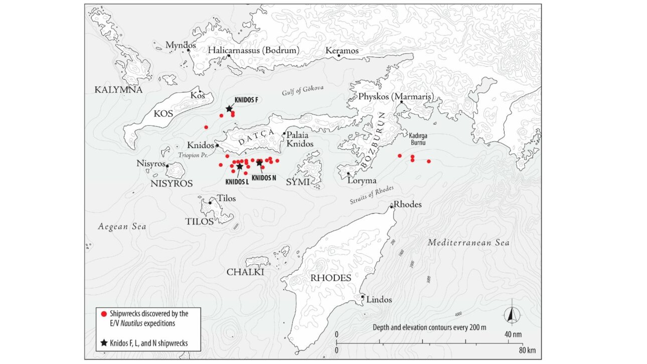 Mapa de localização dos naufrágios de Knidos F, Knidos L e Knidos Nao largo da costa da Península de Datça
imagem mapa: Dan Davis